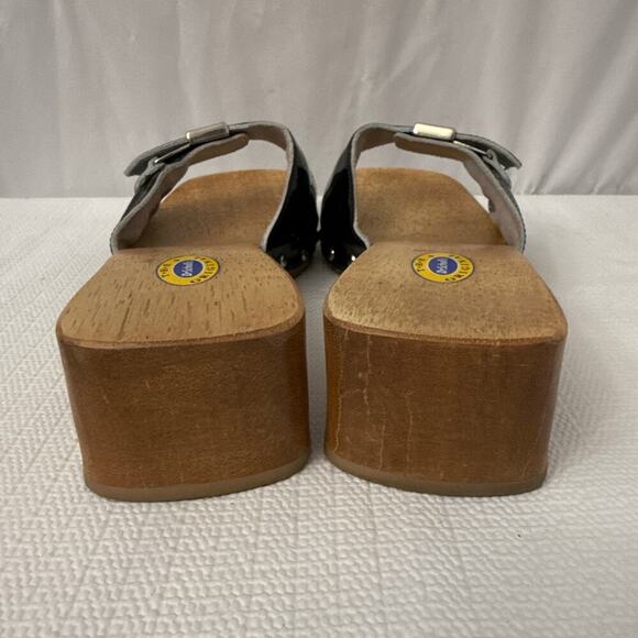 Dr Scholls Sandals Womens 8 M Black Leather Wooden Exercise Clog Slide Brazil - Picture 6 of 11